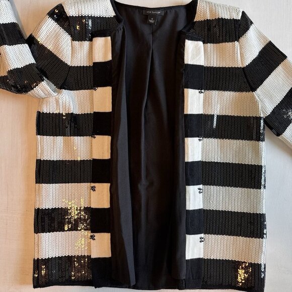 Ann Taylor Blazer Jacket Size Small Full Sequin Black And White Striped Lined - Picture 12 of 16